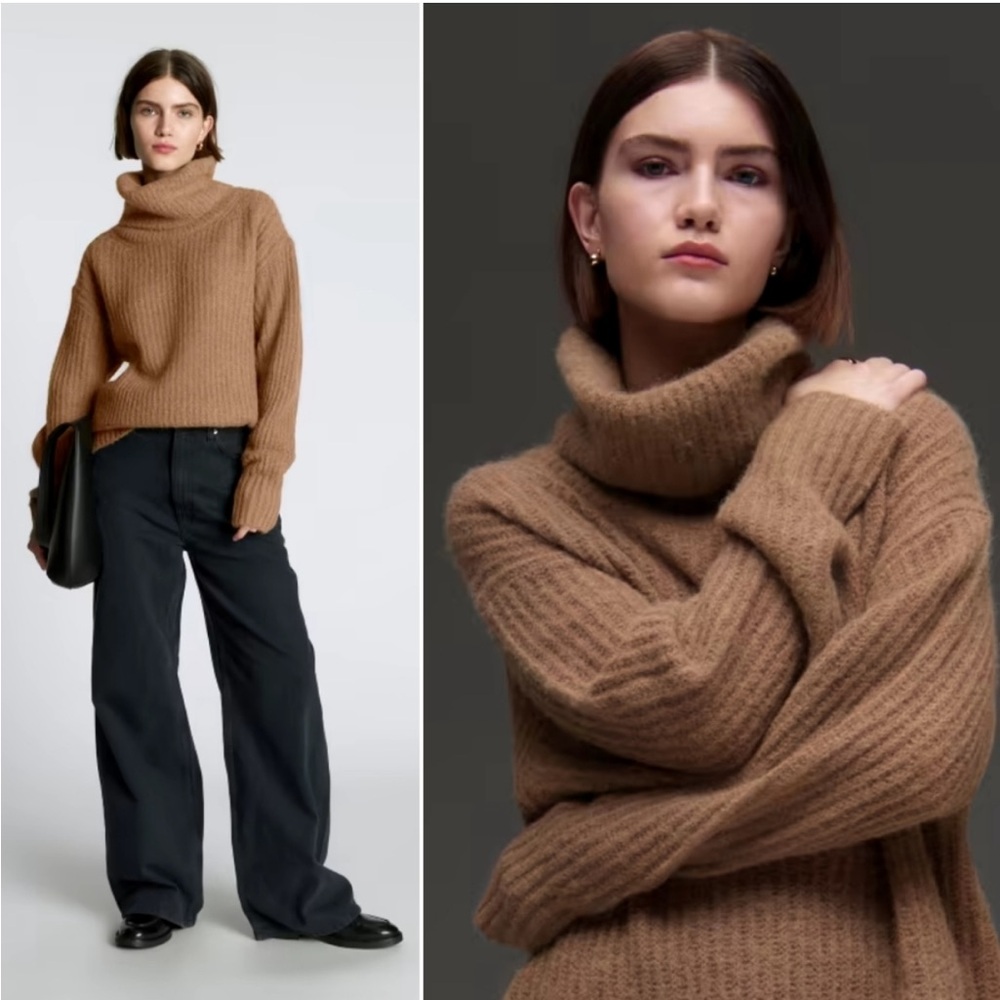 Everlane The Alpaca Oversized Ribbed Chunky Turtleneck Sweater Size XS NWT Brown